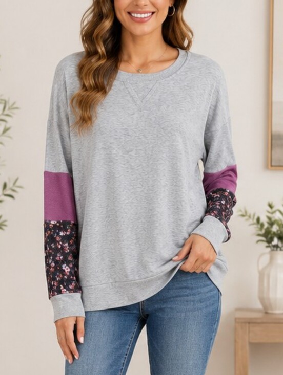 LUQ Tops - LUQ Heather Grey Floral Colorblock Pullover Top – Size Medium
